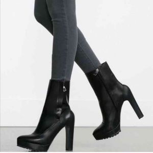 Zara black platform heeled moto boots 7